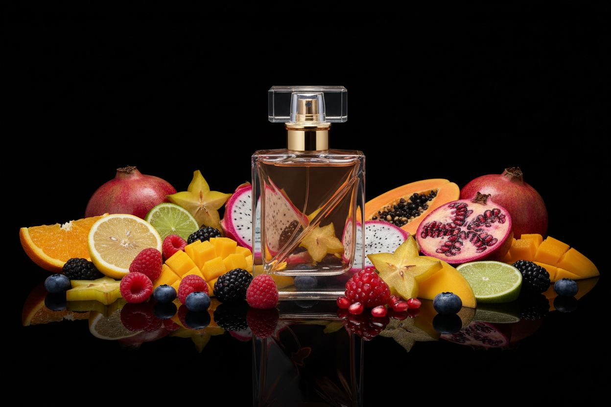 haz una imagen de un perfume y que haya frutas alrededor suya pero que el fondo de la imagen sea negro 